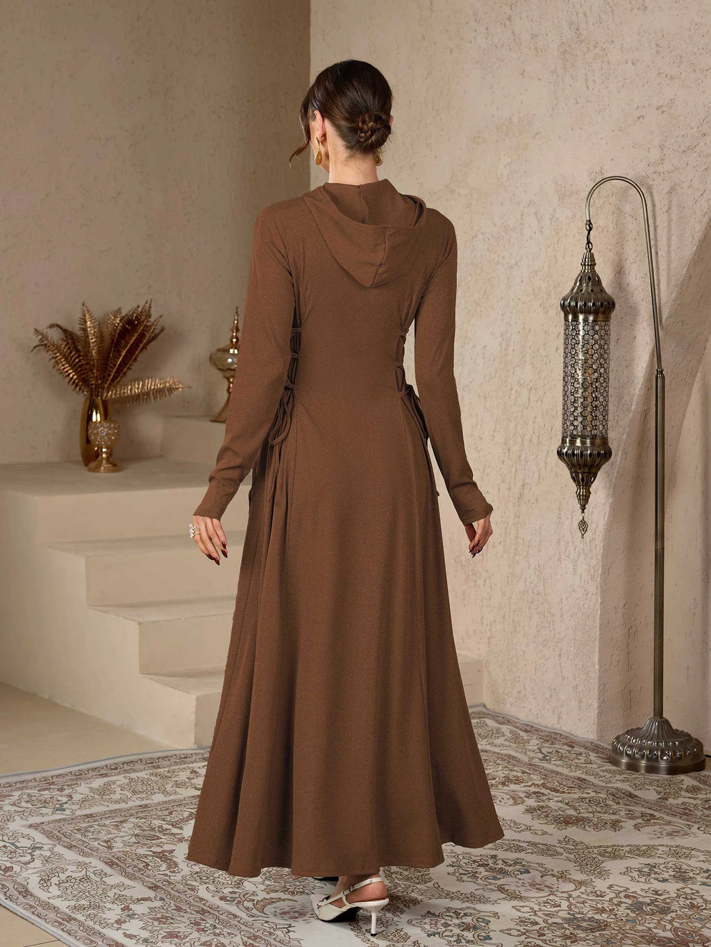 Coffee Embroidered Stand Collar Modest Abaya
