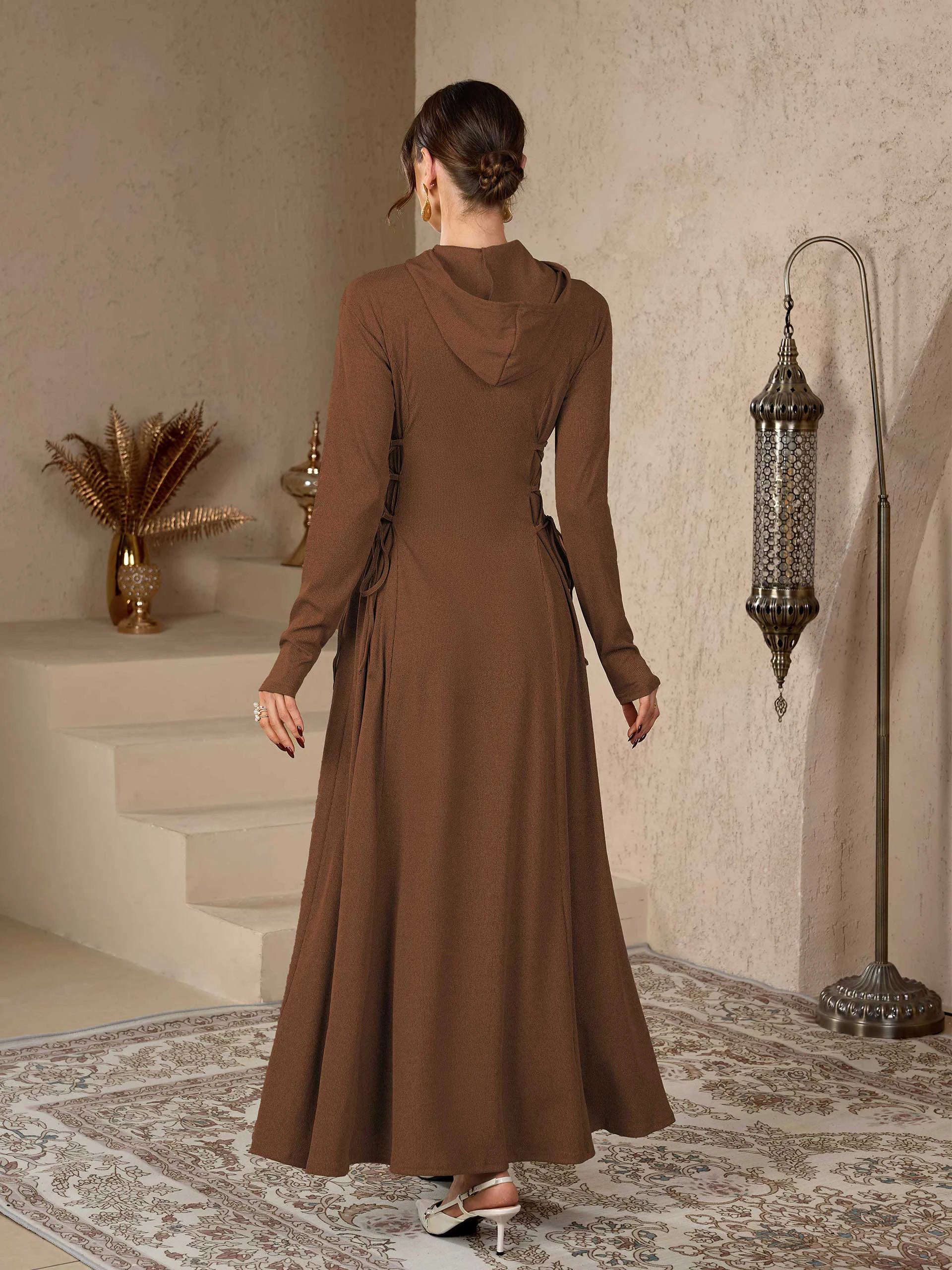 Coffee Embroidered Stand Collar Modest Abaya