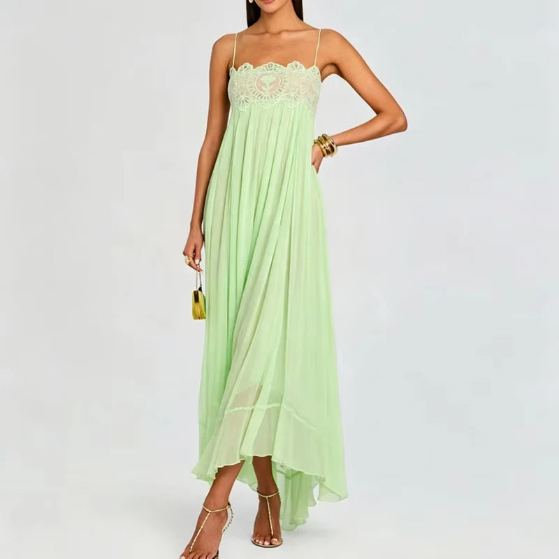 Elegant Sleeveless Backless Spliced Dress Summer Casual Big Hem Women's Pleated Dresses Sexy Lace Tube Tops Halter Chiffon Dress
