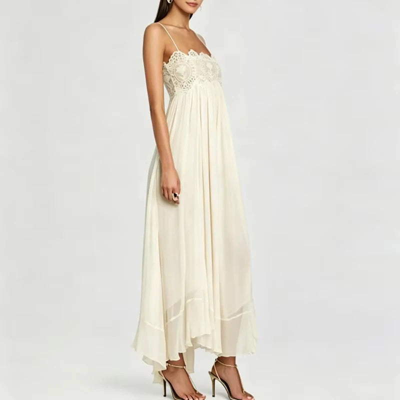 Elegant Sleeveless Backless Spliced Dress Summer Casual Big Hem Women's Pleated Dresses Sexy Lace Tube Tops Halter Chiffon Dress
