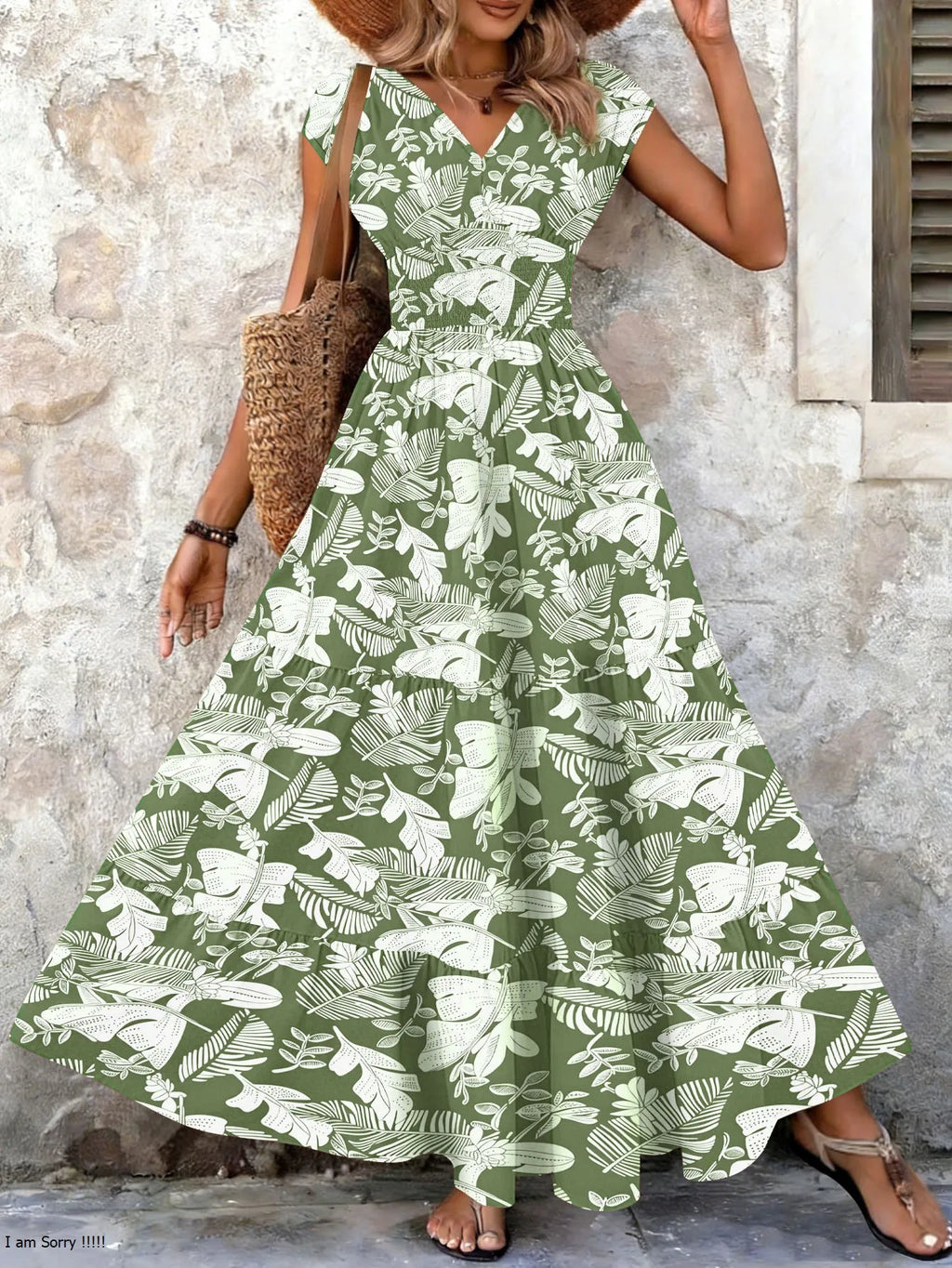 Vintage Floral Print V-Neck Short Sleeve Maxi Dress