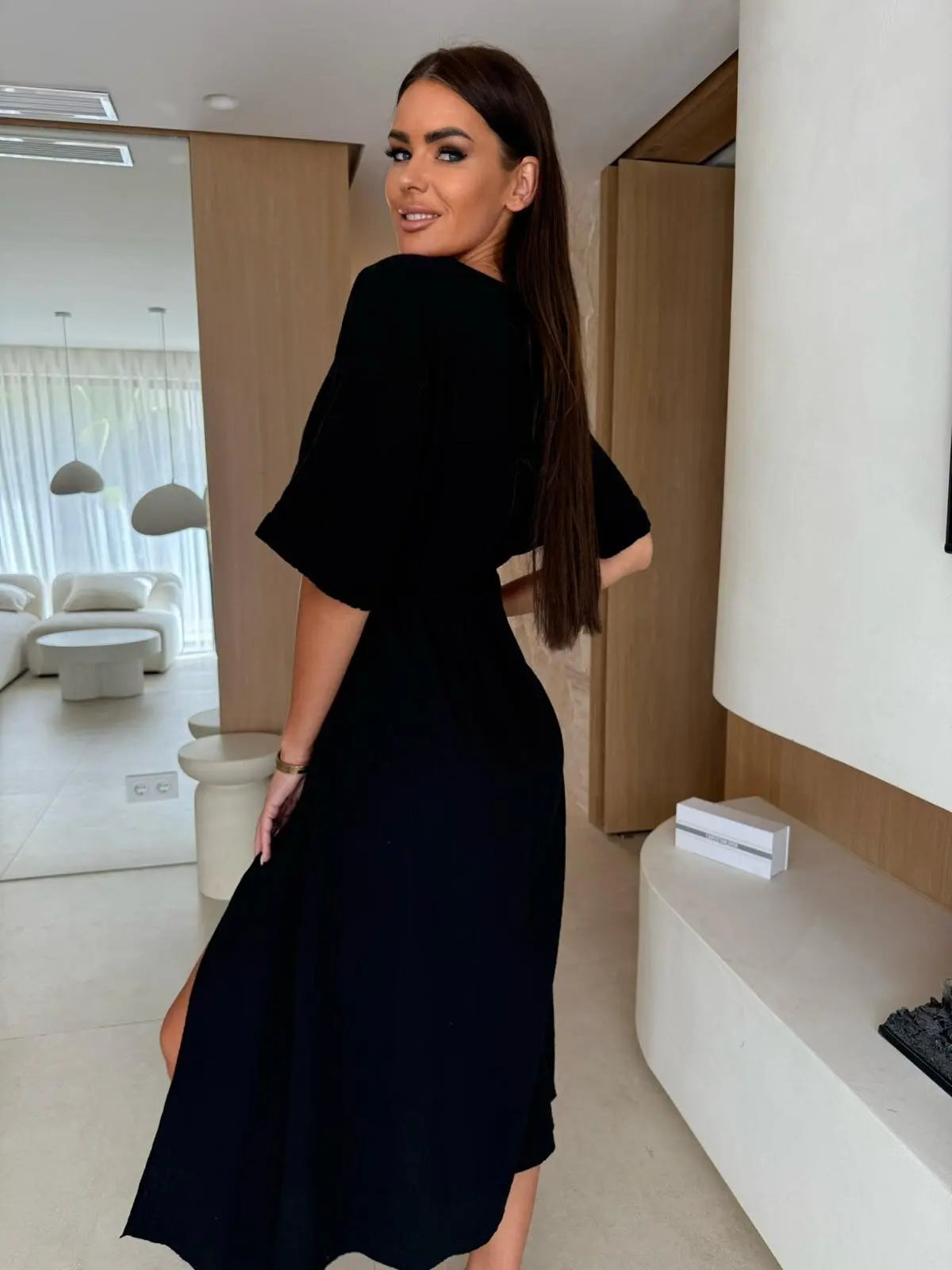 V-Neck Ruched Waist High Slit Midi Dress