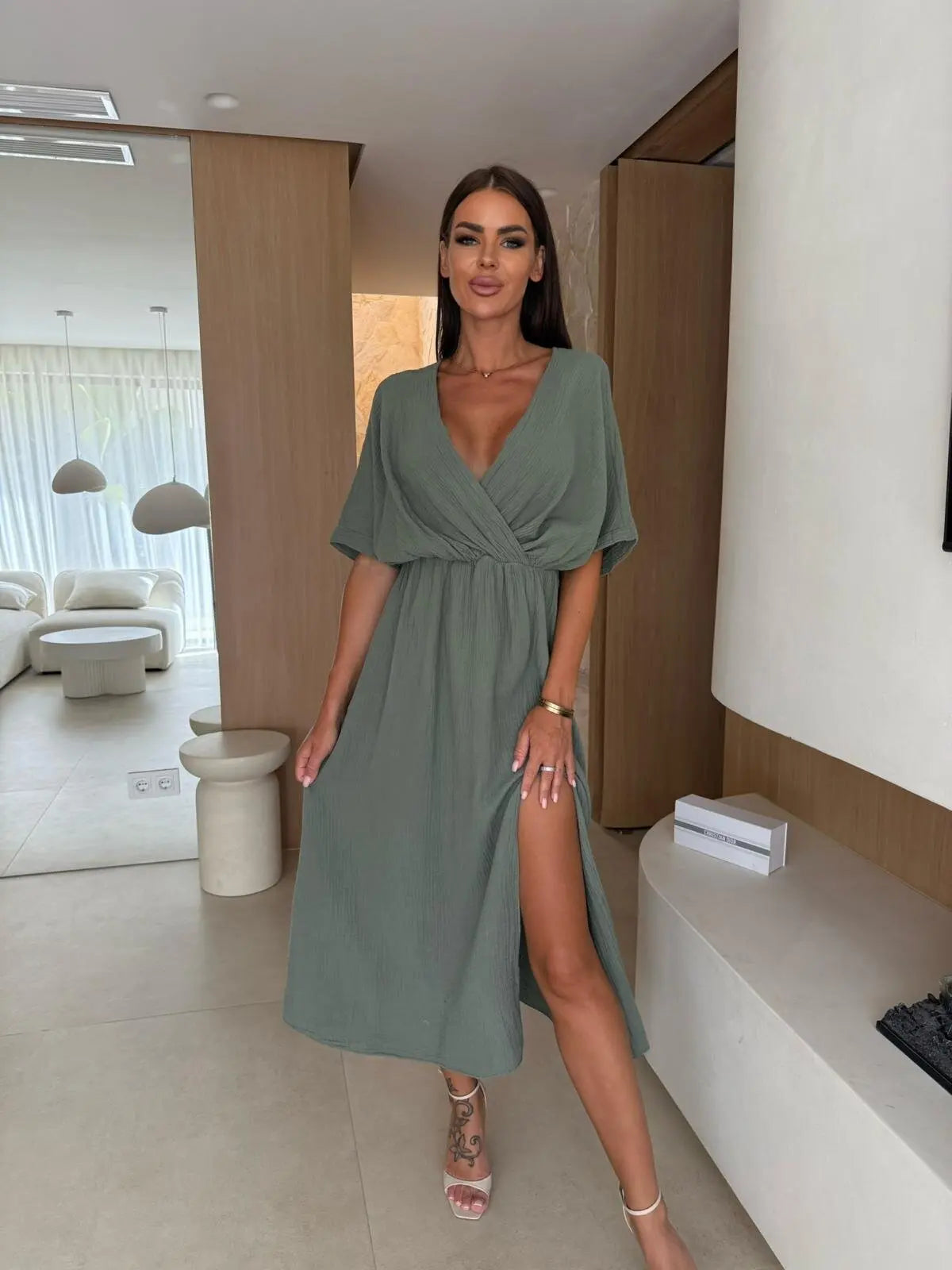 V-Neck Ruched Waist High Slit Midi Dress