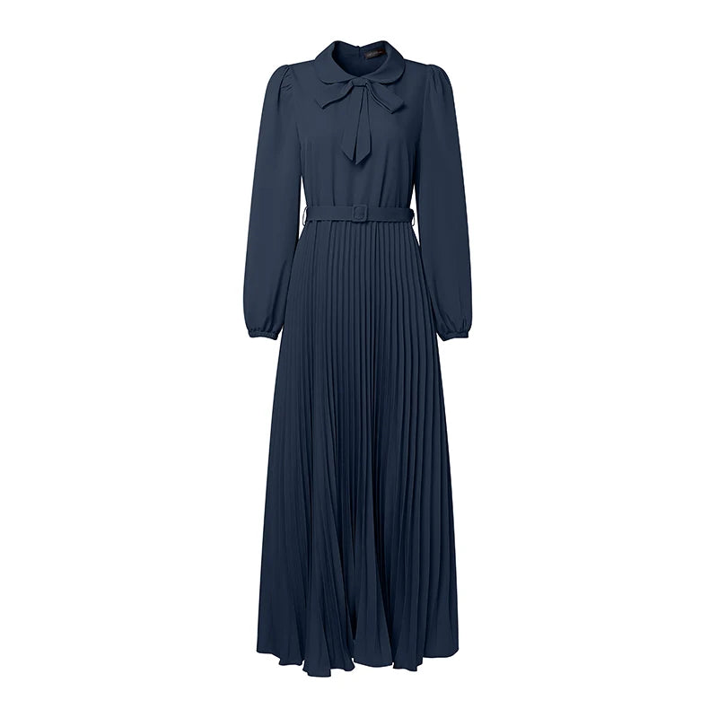 Long Lantern Sleeve Pleated Belted Abaya Dress
