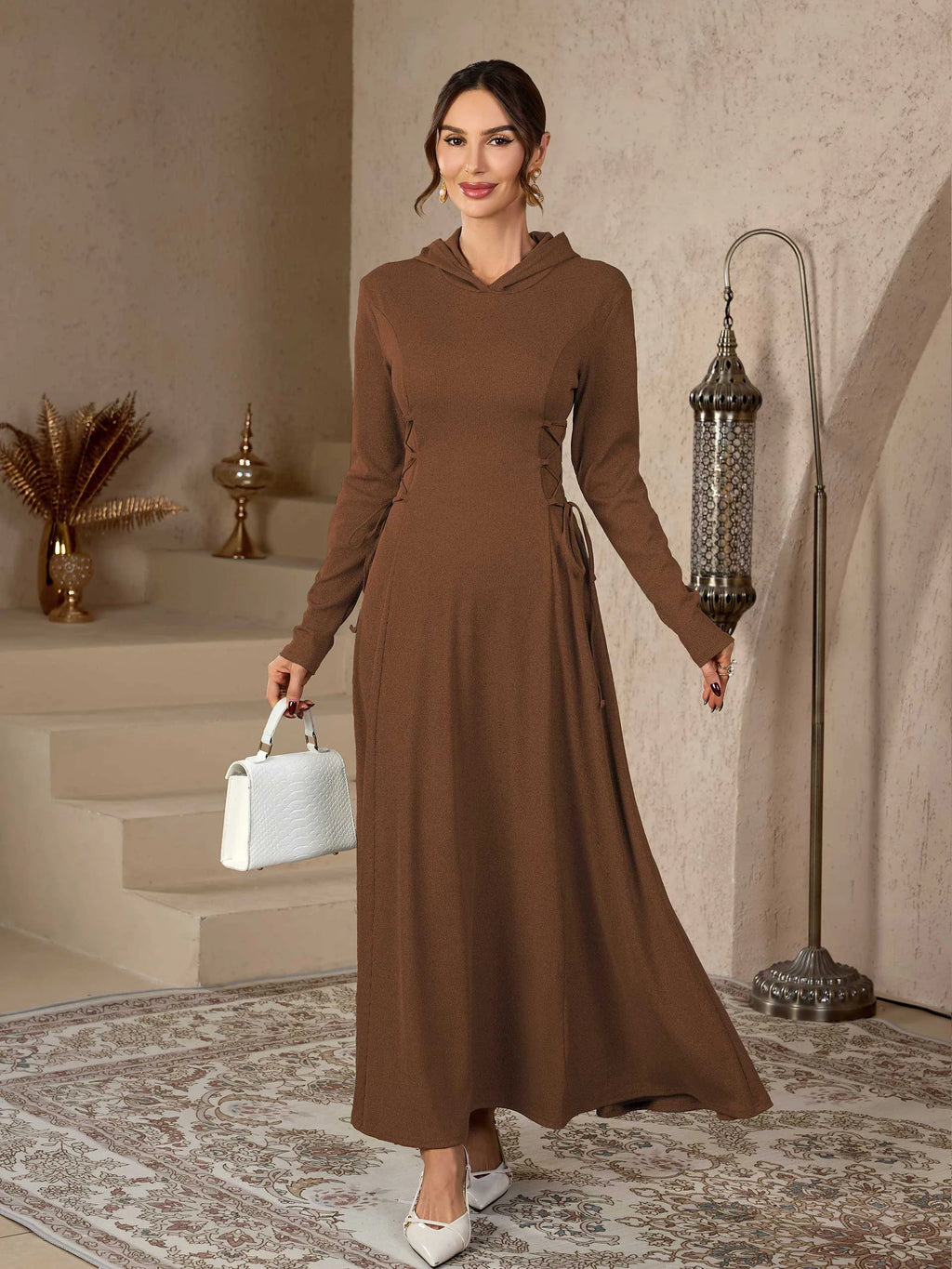 Coffee Embroidered Stand Collar Modest Abaya