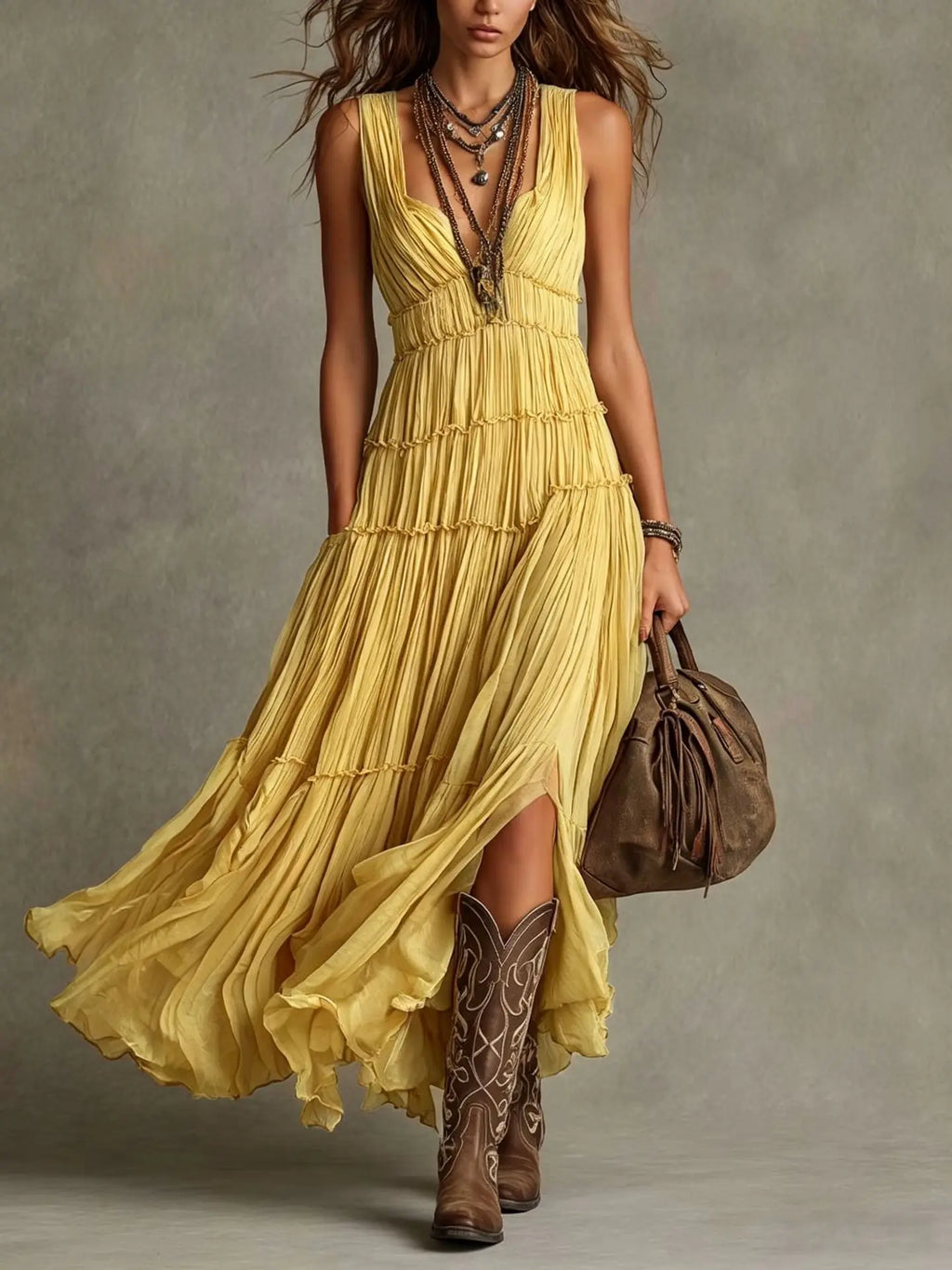 Women's Boho Green Tiered Maxi Dress Sleeveless V-Neck Pleated Flowy Dress Vintage Inspired Chic Boho Maxi Dress for Women