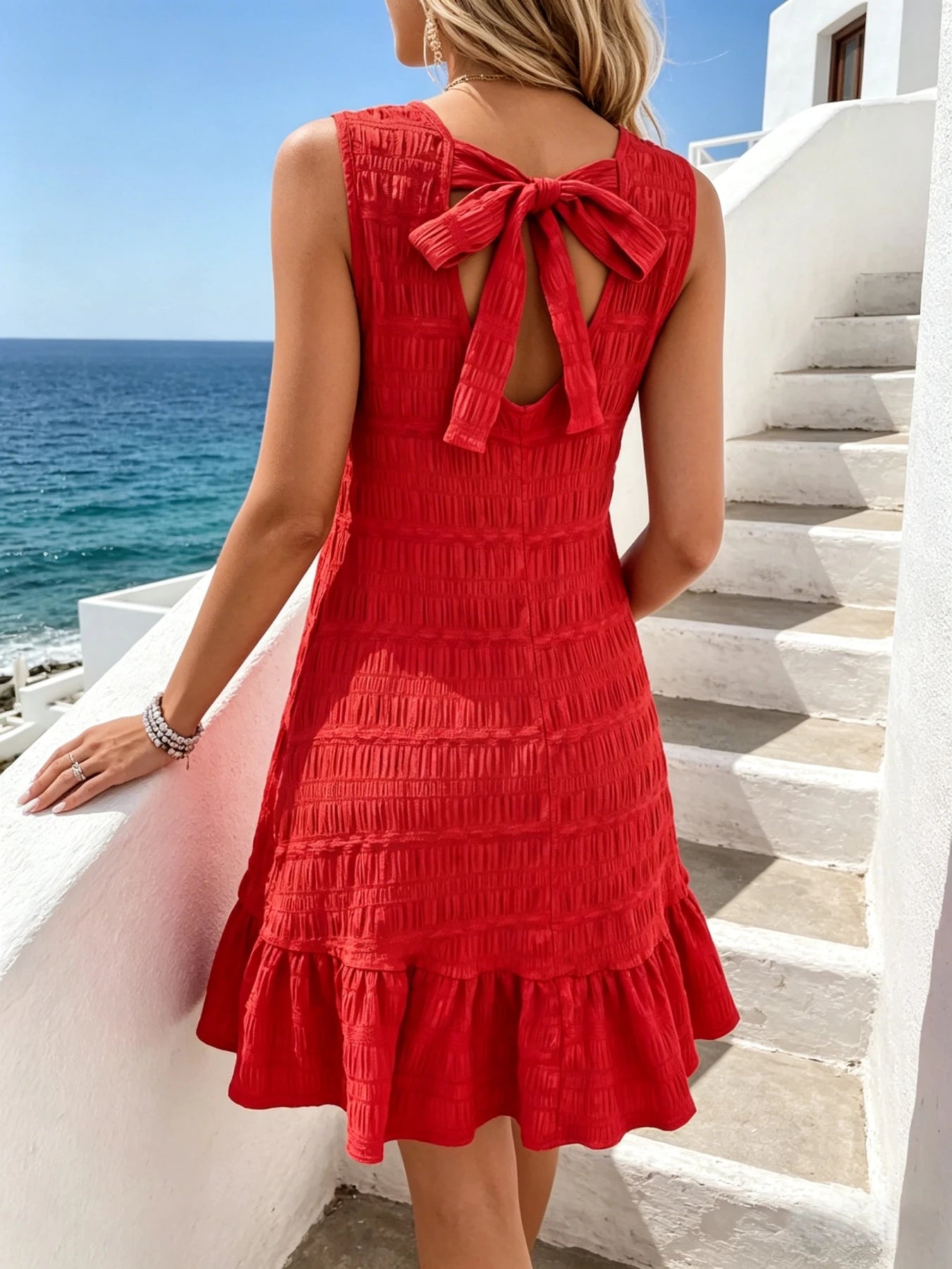 Women's Red Textured Smocked Sleeveless Mini Dress with Back Bow Tie & Ruffle Hem Casual A-Line Sundress for Beach Vacation