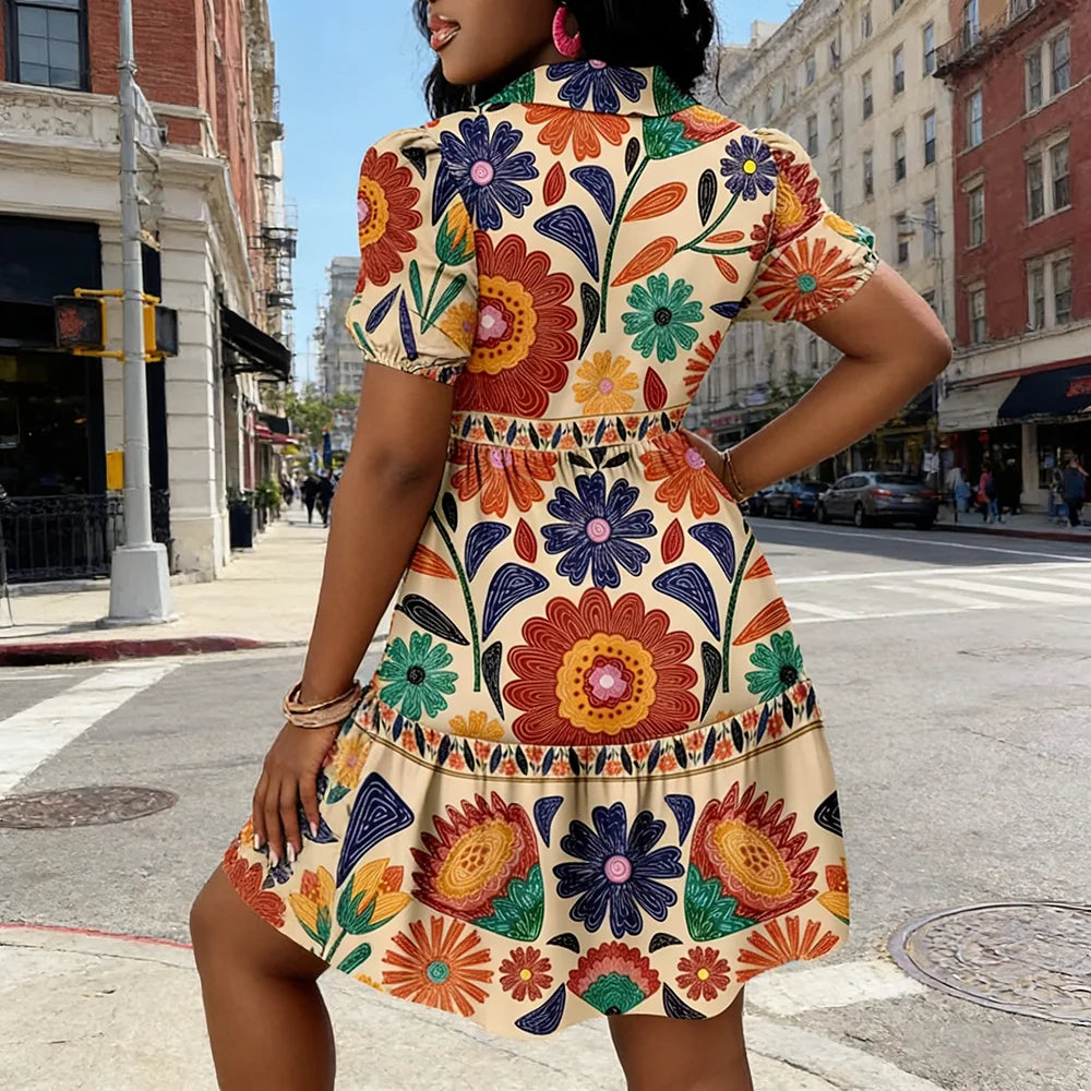 Summer Floral Print Puff Sleeve Ruffle Hem A-Line Mini Dress