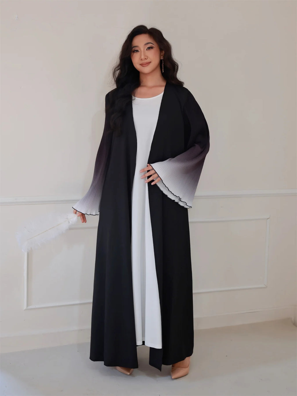 Elegant Flare Sleeve Open Front Arabian Style Maxi Abaya