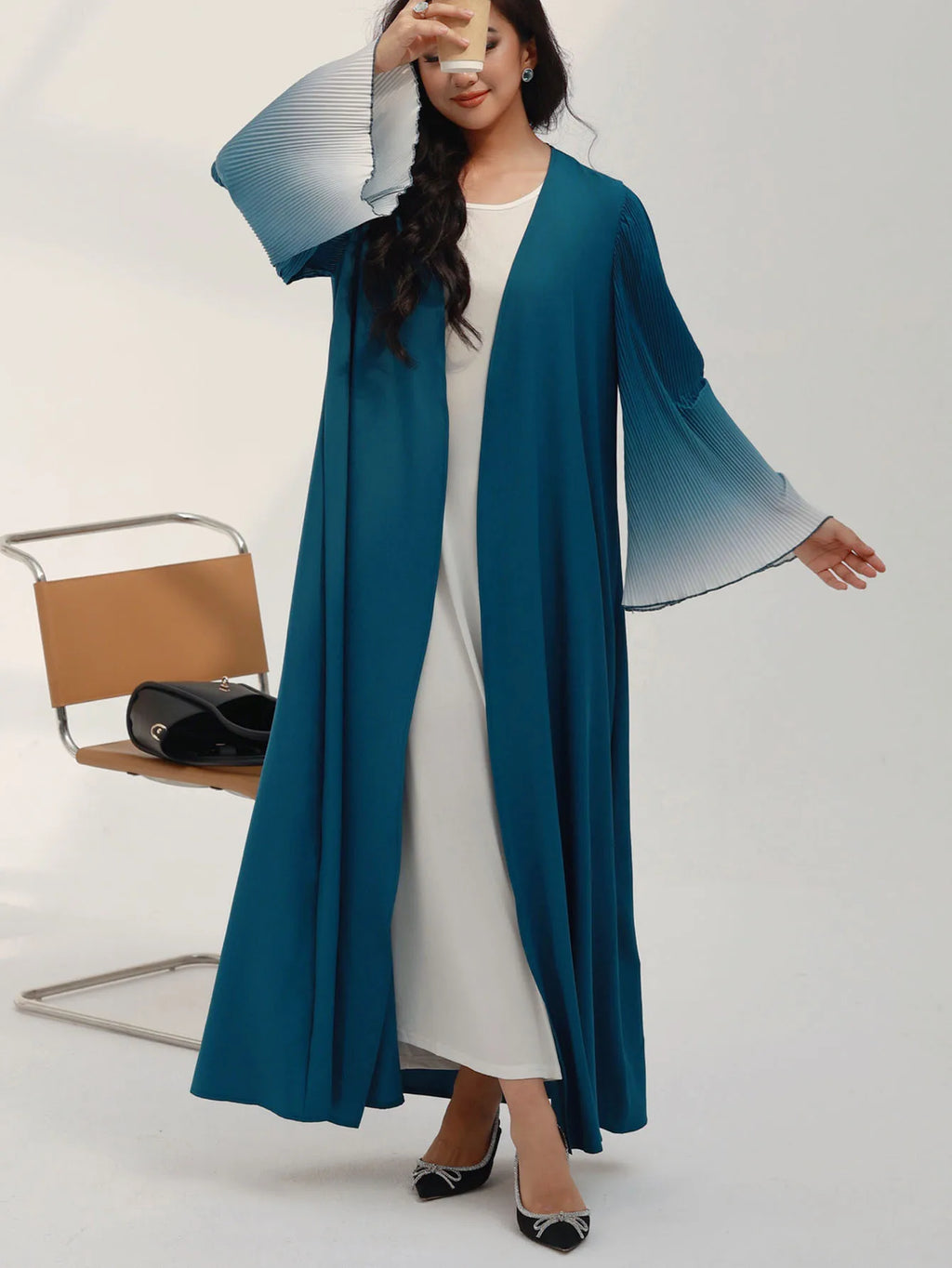 Elegant Flare Sleeve Open Front Arabian Style Maxi Abaya