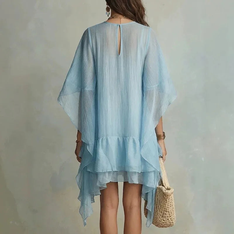 Crinkled Boho Swim Cover Up with Ruffle Hem