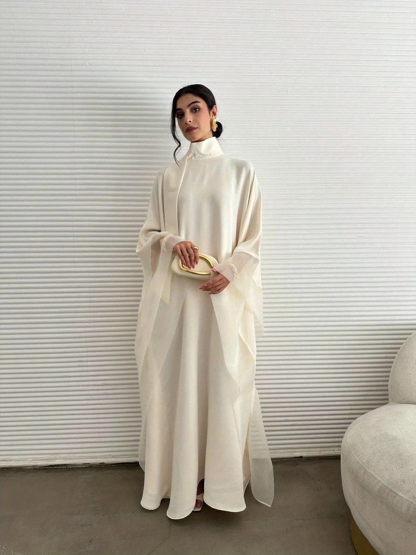 Elegant Loose Full Sleeve Tatting Abaya Dress