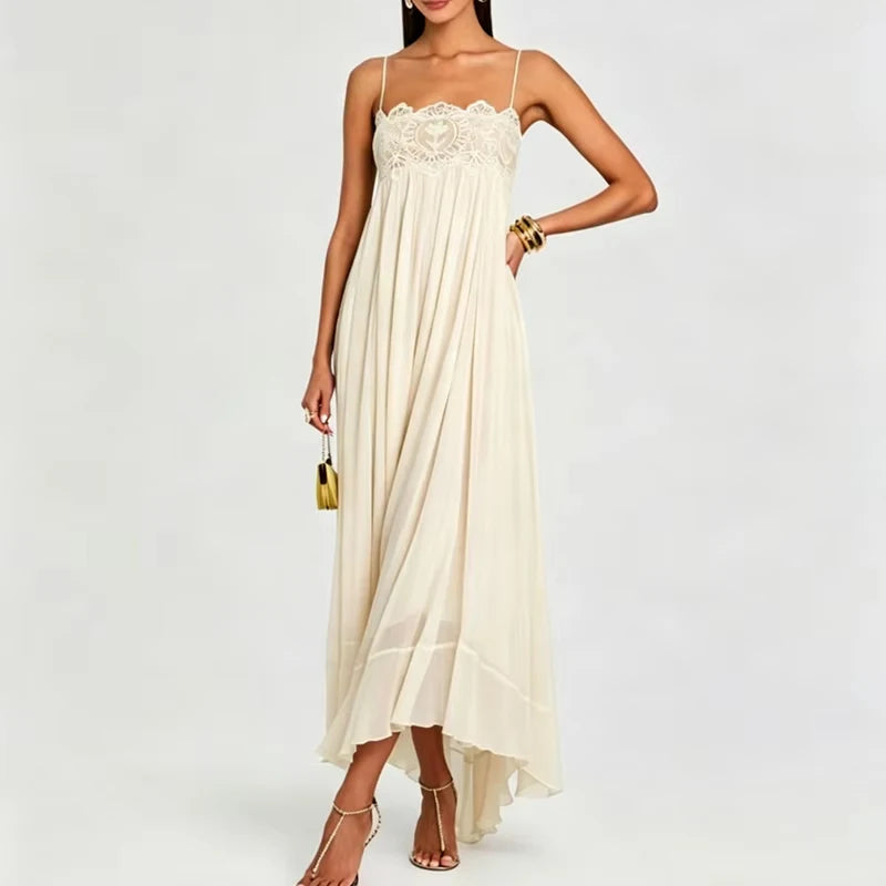 Elegant Sleeveless Backless Spliced Dress Summer Casual Big Hem Women's Pleated Dresses Sexy Lace Tube Tops Halter Chiffon Dress