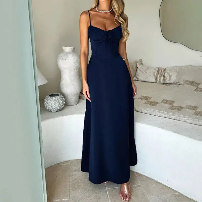Women Slip Long Sundress Summer Sexy Low Cut Breasted Strapless Lace Up Tunic Backless Boho Vacation Maxi Party Dresses QHFZ-066