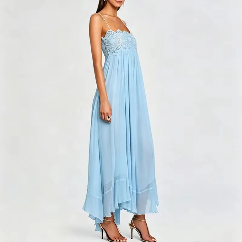 Elegant Sleeveless Backless Spliced Dress Summer Casual Big Hem Women's Pleated Dresses Sexy Lace Tube Tops Halter Chiffon Dress