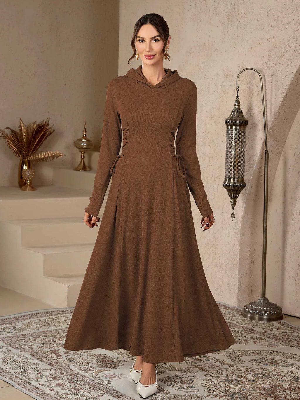 Coffee Embroidered Stand Collar Modest Abaya