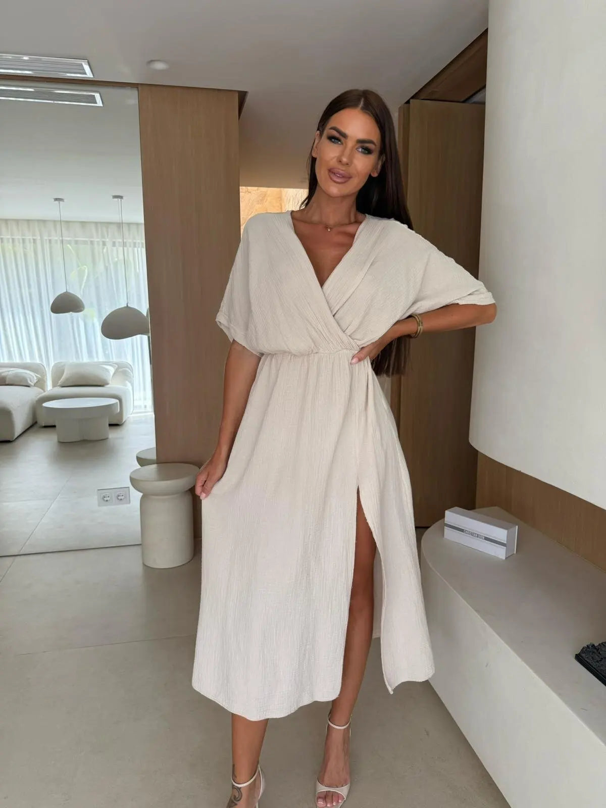 V-Neck Ruched Waist High Slit Midi Dress