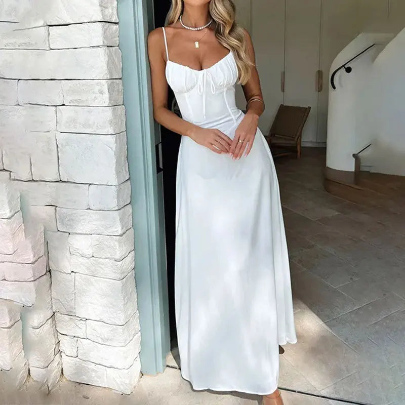 Women Slip Long Sundress Summer Sexy Low Cut Breasted Strapless Lace Up Tunic Backless Boho Vacation Maxi Party Dresses QHFZ-066