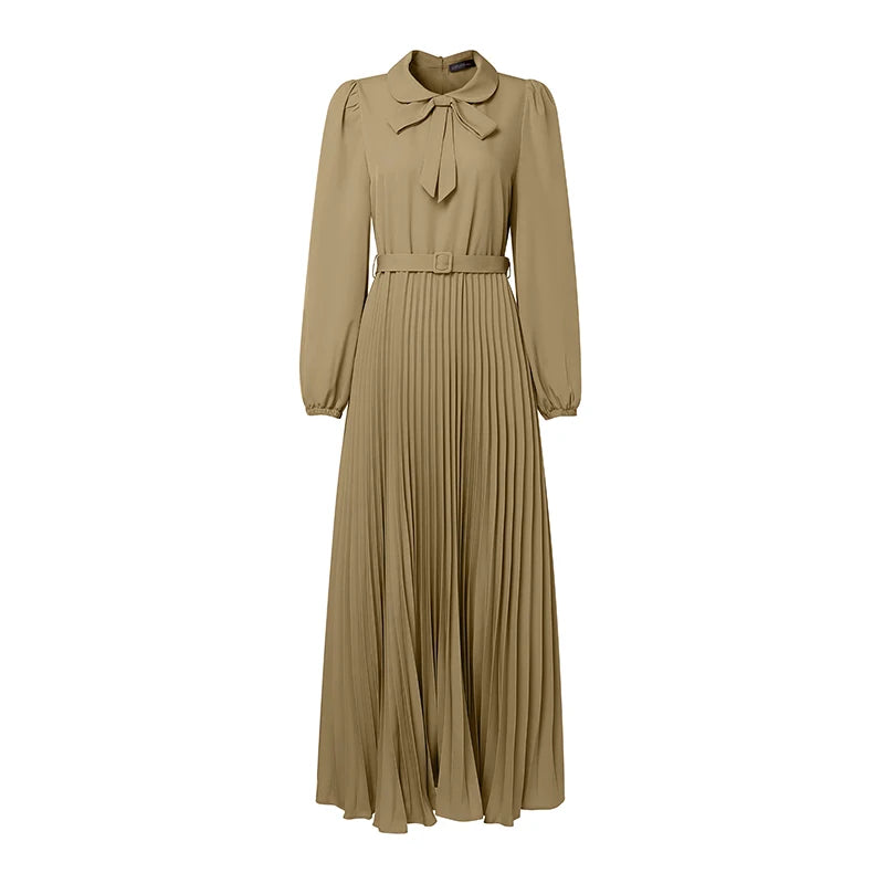 Long Lantern Sleeve Pleated Belted Abaya Dress