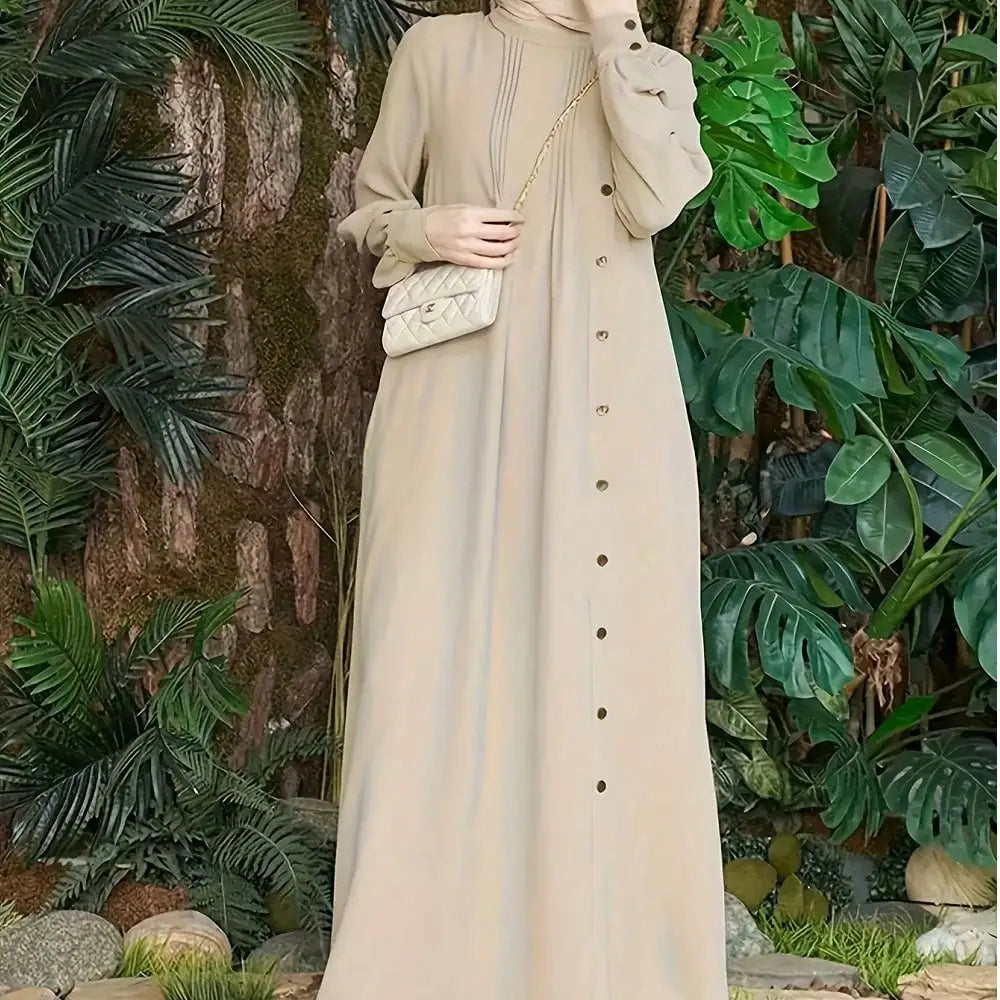 Round Neck Button-Front Loose-Fit Casual Dress