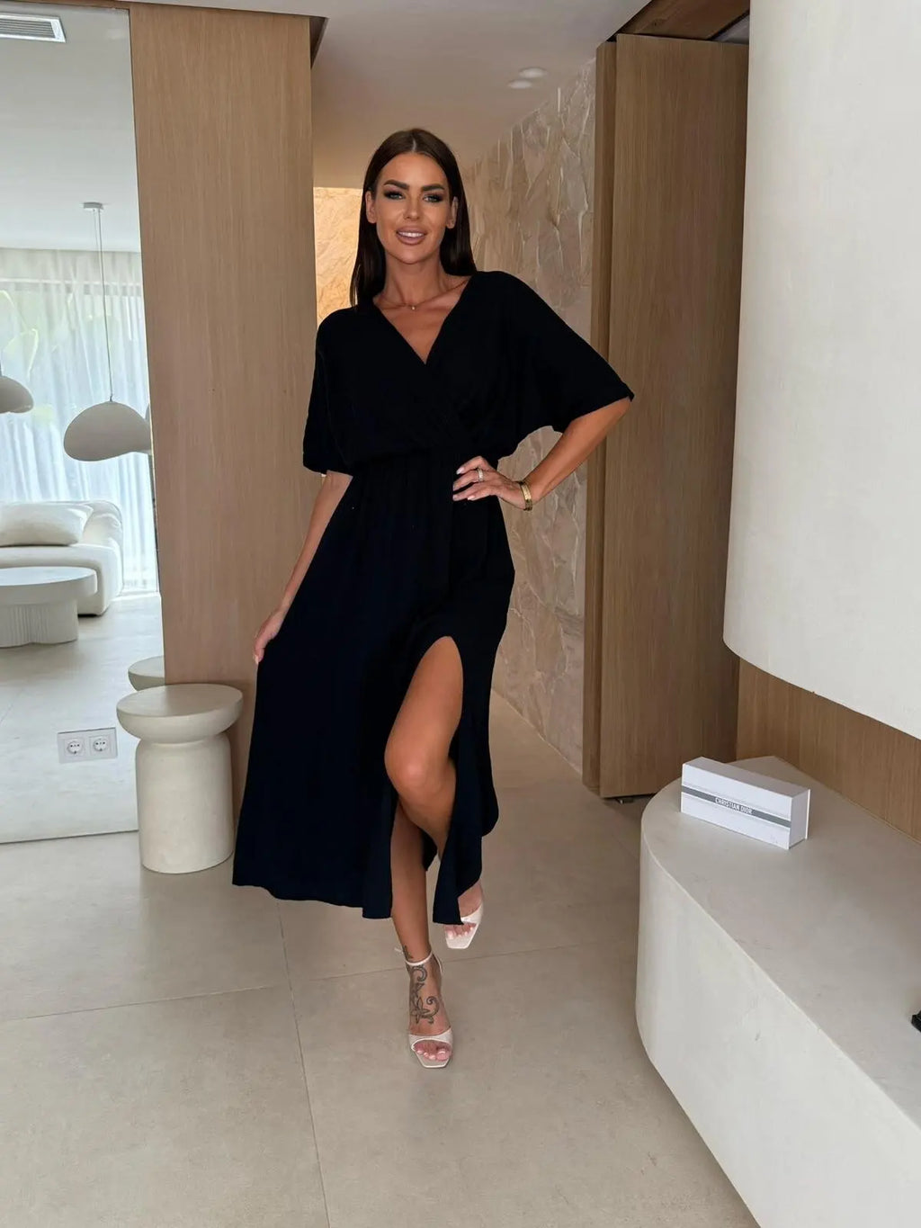 V-Neck Ruched Waist High Slit Midi Dress