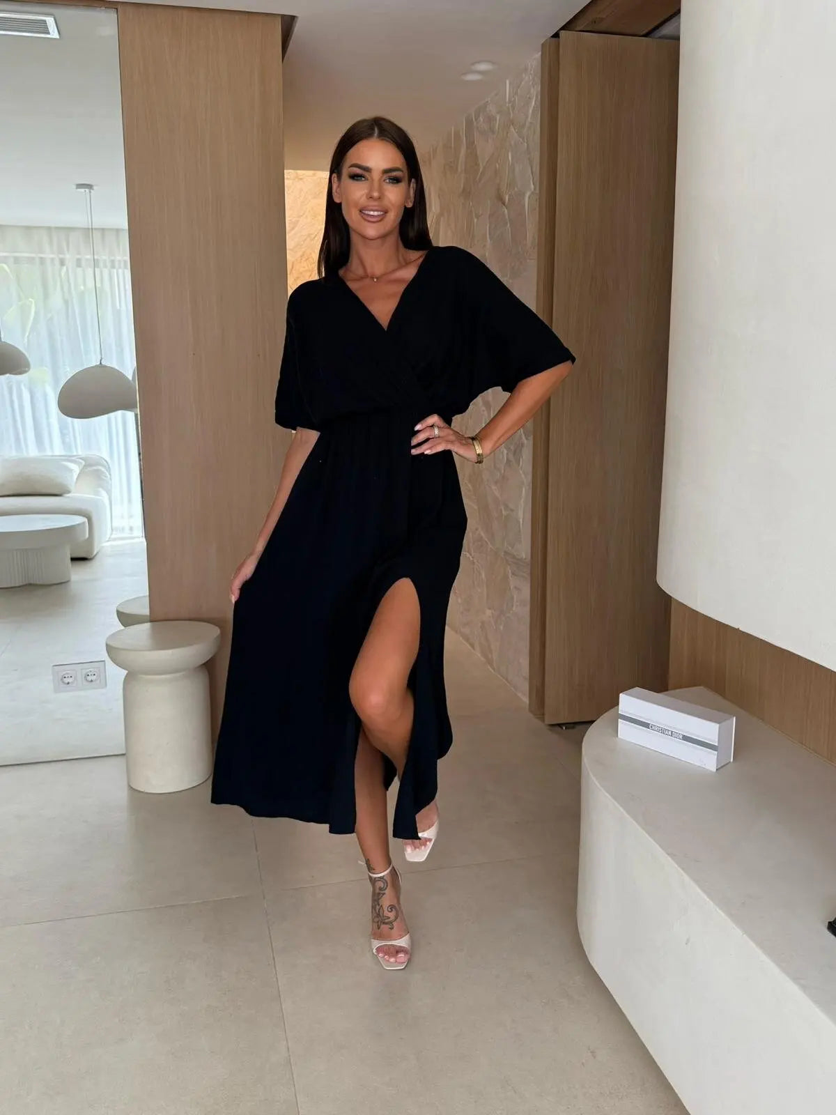 V-Neck Ruched Waist High Slit Midi Dress