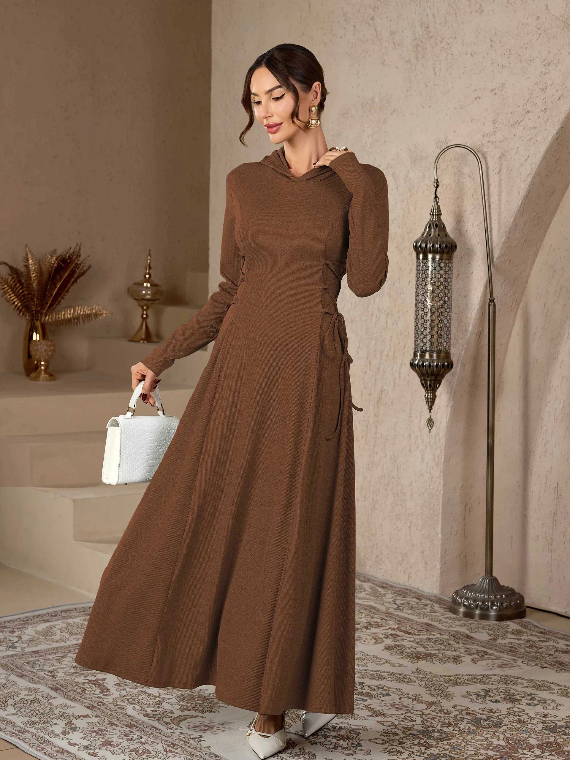 Coffee Embroidered Stand Collar Modest Abaya