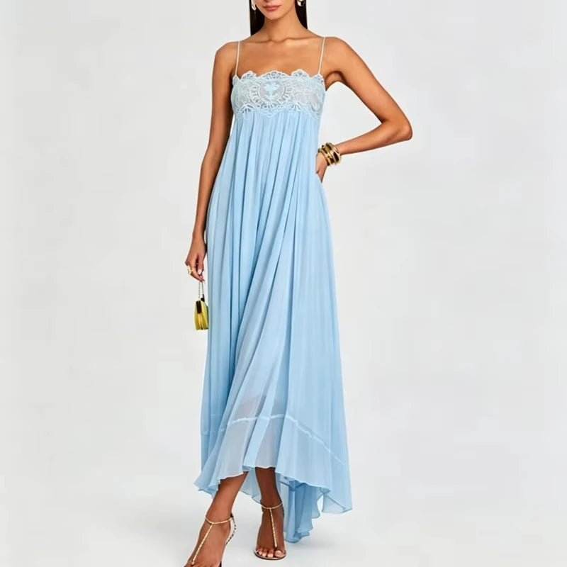 Elegant Sleeveless Backless Spliced Dress Summer Casual Big Hem Women's Pleated Dresses Sexy Lace Tube Tops Halter Chiffon Dress