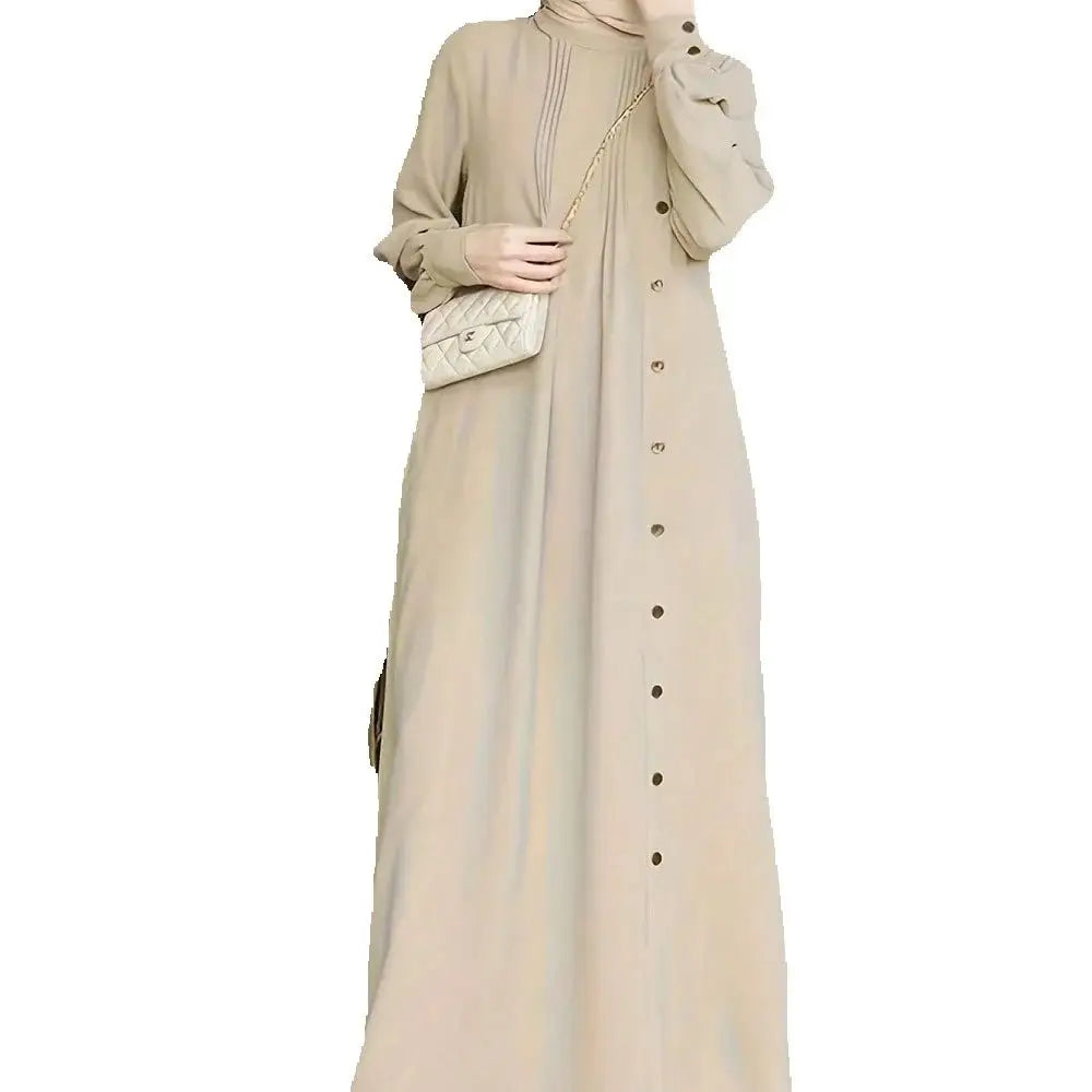 Round Neck Button-Front Loose-Fit Casual Dress