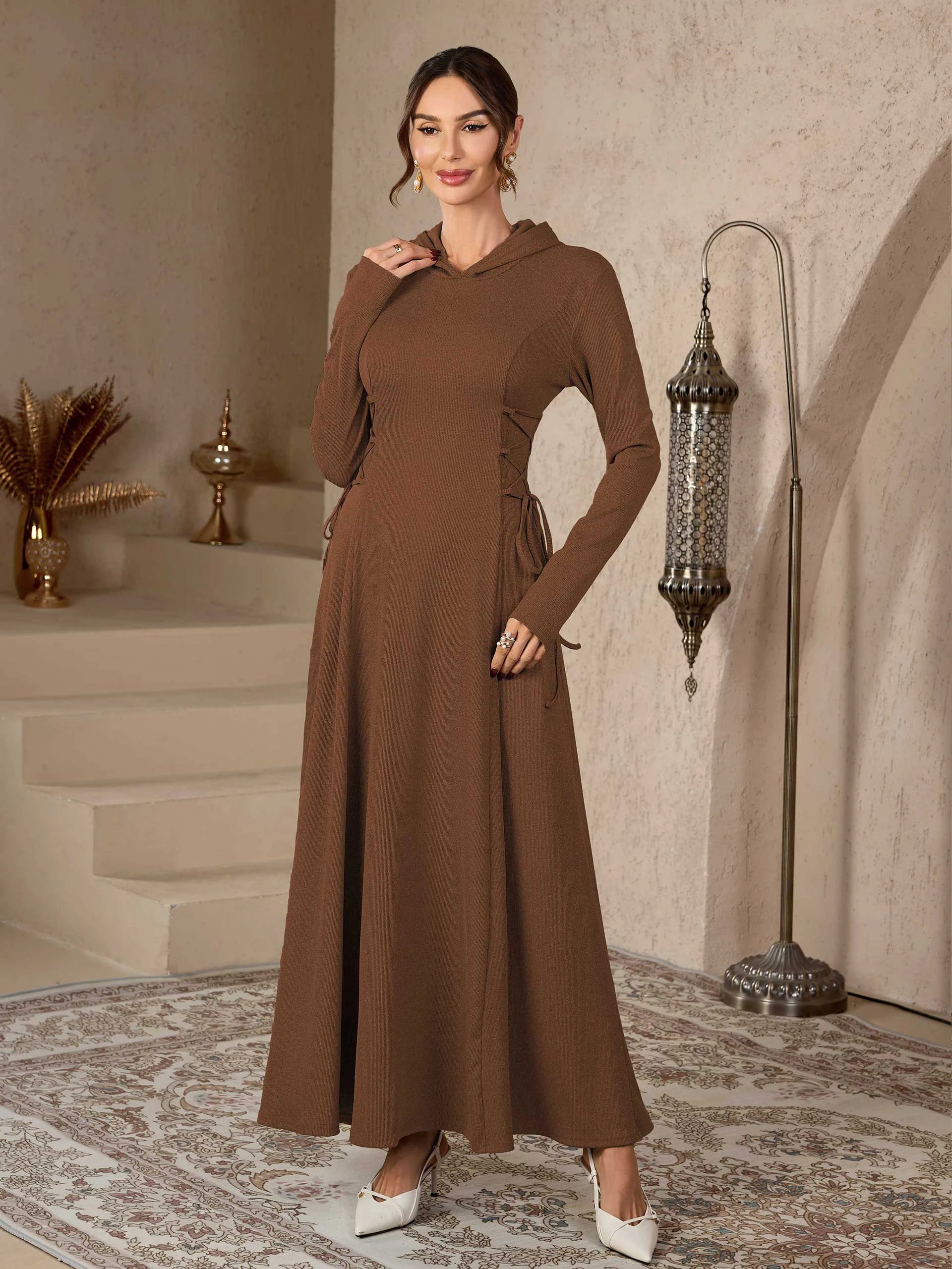 Coffee Embroidered Stand Collar Modest Abaya