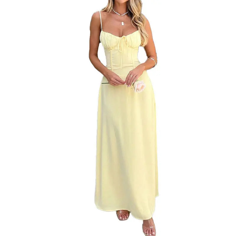Women Slip Long Sundress Summer Sexy Low Cut Breasted Strapless Lace Up Tunic Backless Boho Vacation Maxi Party Dresses QHFZ-066