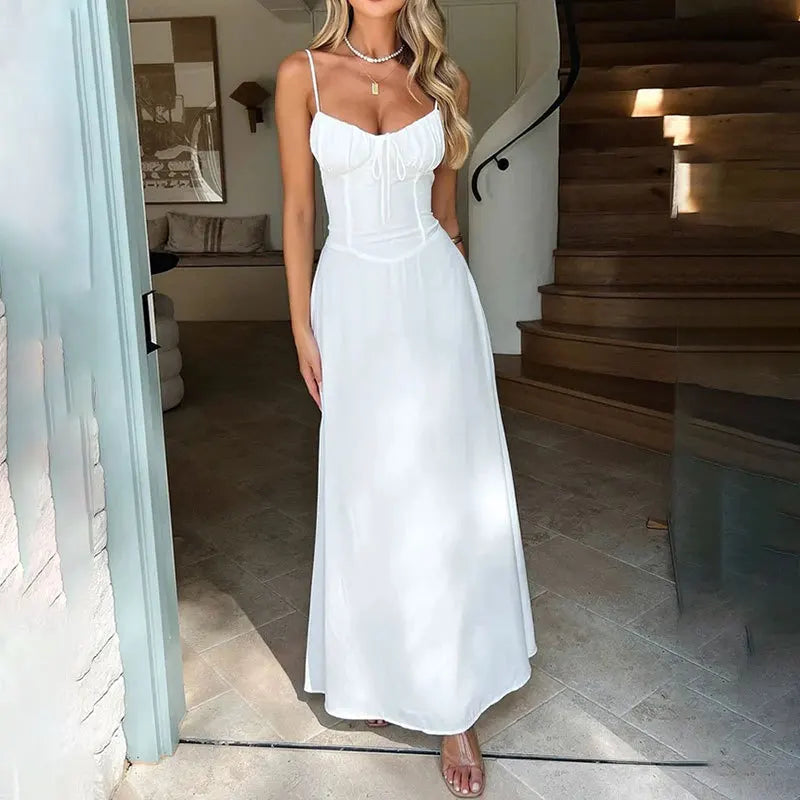 Women Slip Long Sundress Summer Sexy Low Cut Breasted Strapless Lace Up Tunic Backless Boho Vacation Maxi Party Dresses QHFZ-066