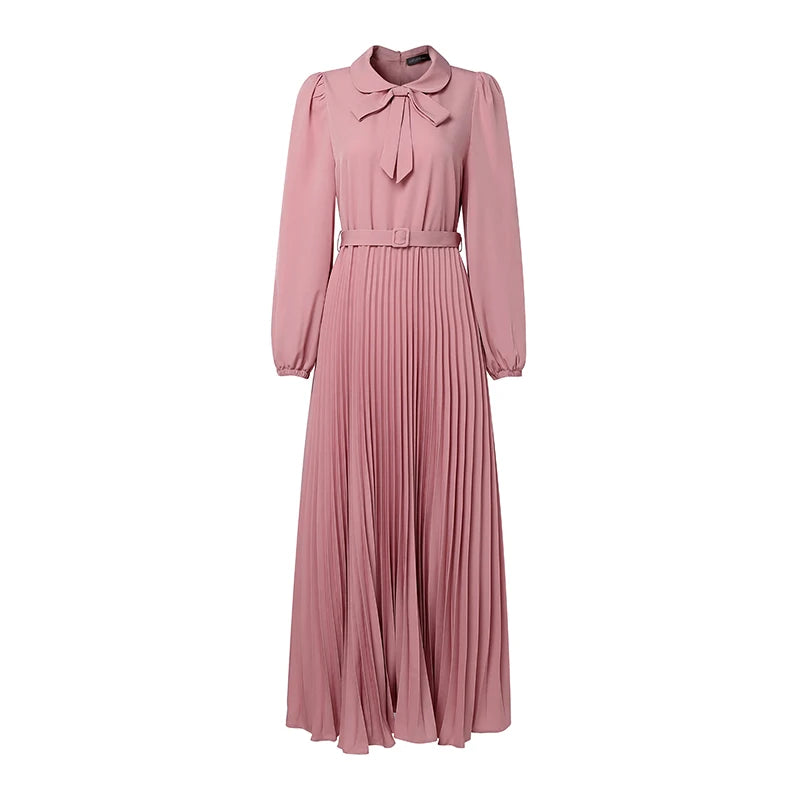 Long Lantern Sleeve Pleated Belted Abaya Dress