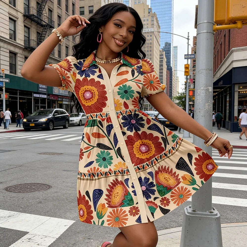 Summer Floral Print Puff Sleeve Ruffle Hem A-Line Mini Dress