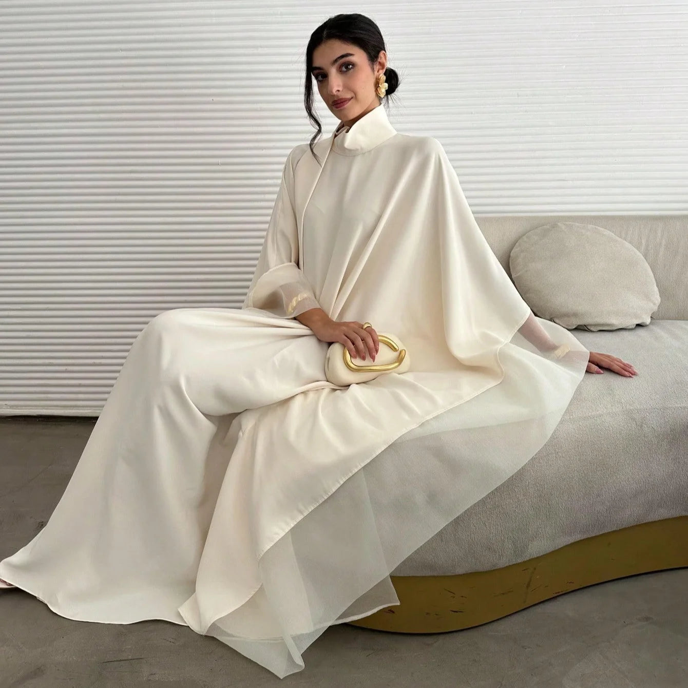 Elegant Loose Full Sleeve Tatting Abaya Dress
