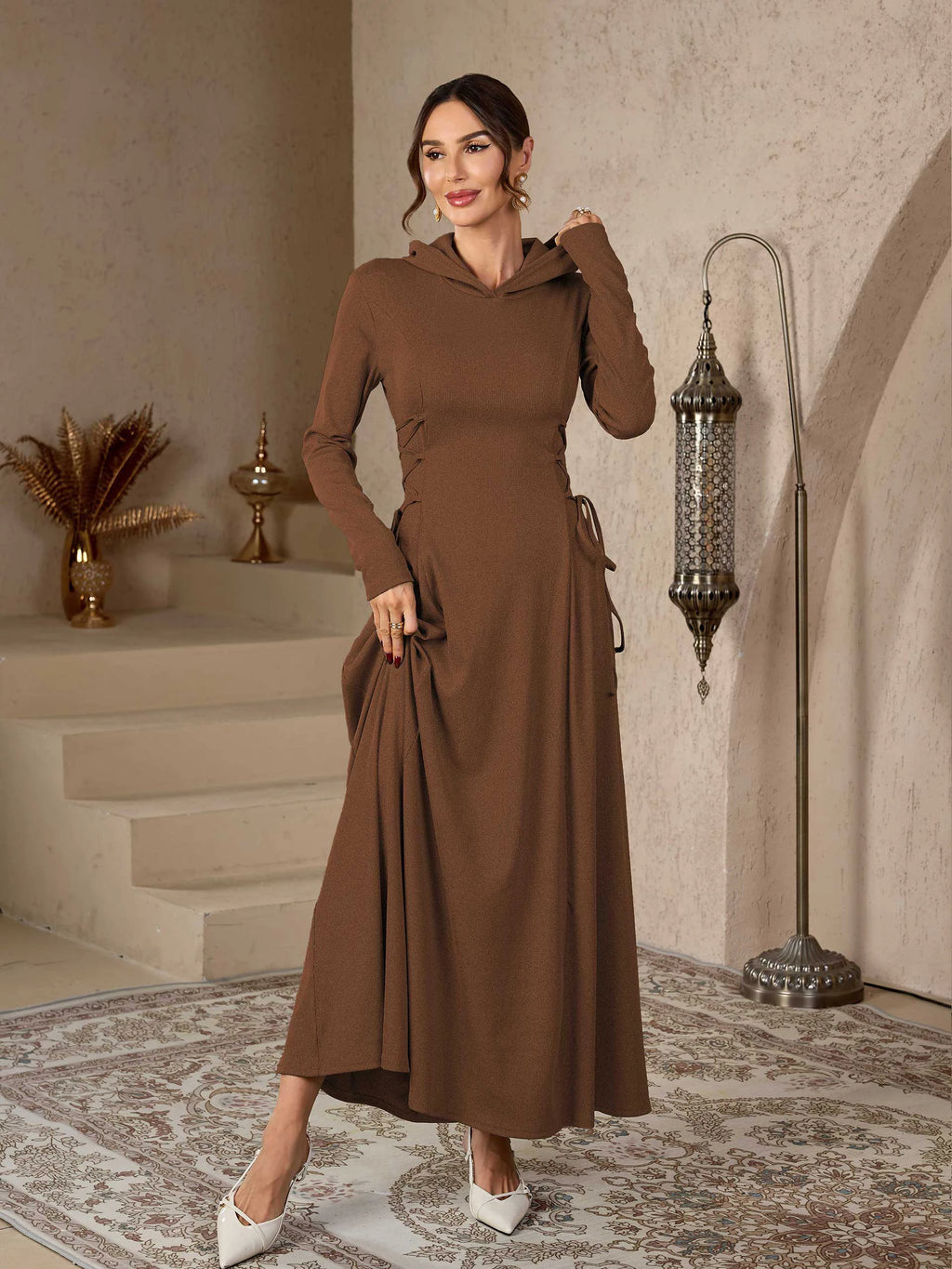 Coffee Embroidered Stand Collar Modest Abaya