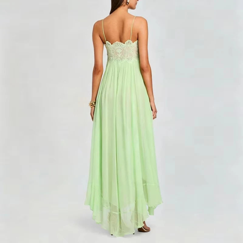 Elegant Sleeveless Backless Spliced Dress Summer Casual Big Hem Women's Pleated Dresses Sexy Lace Tube Tops Halter Chiffon Dress