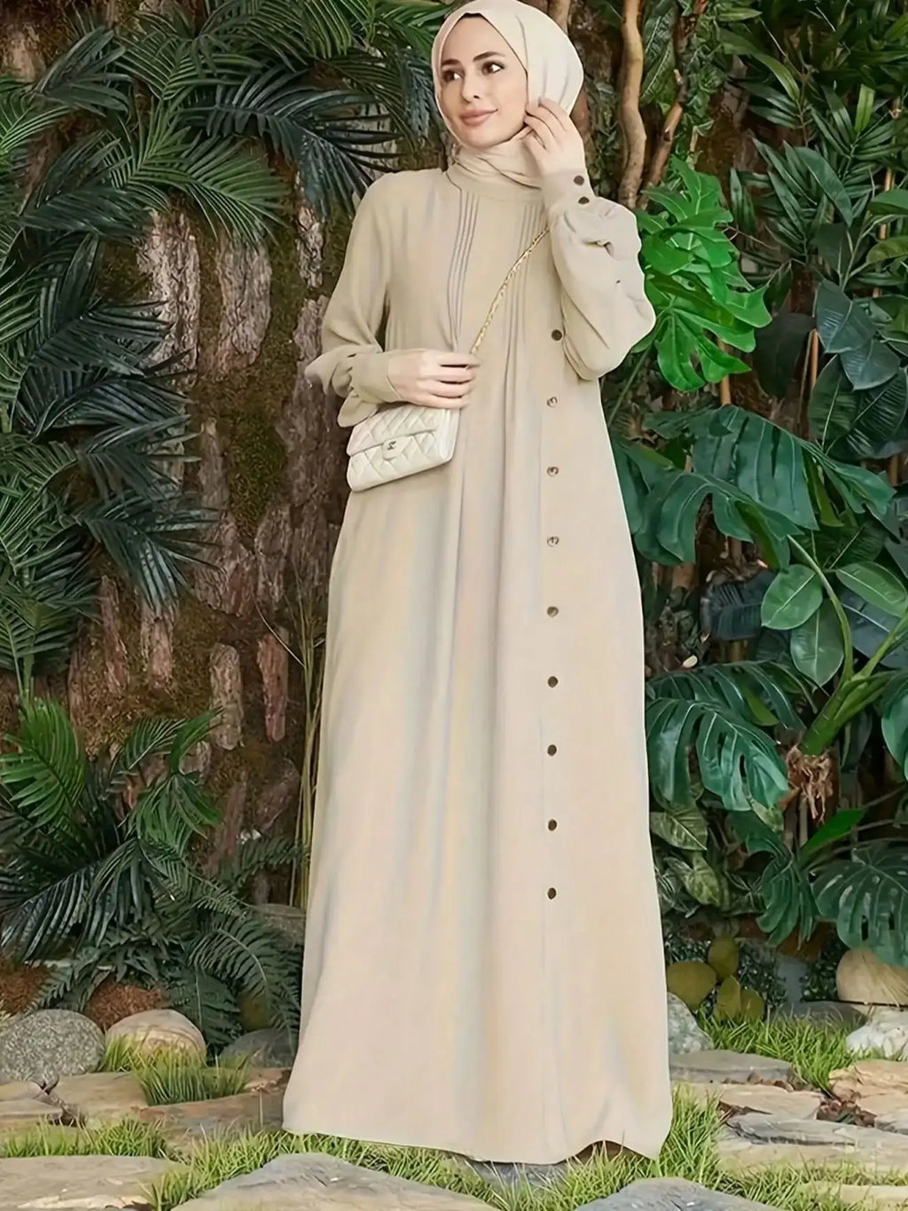 Round Neck Button-Front Loose-Fit Casual Dress