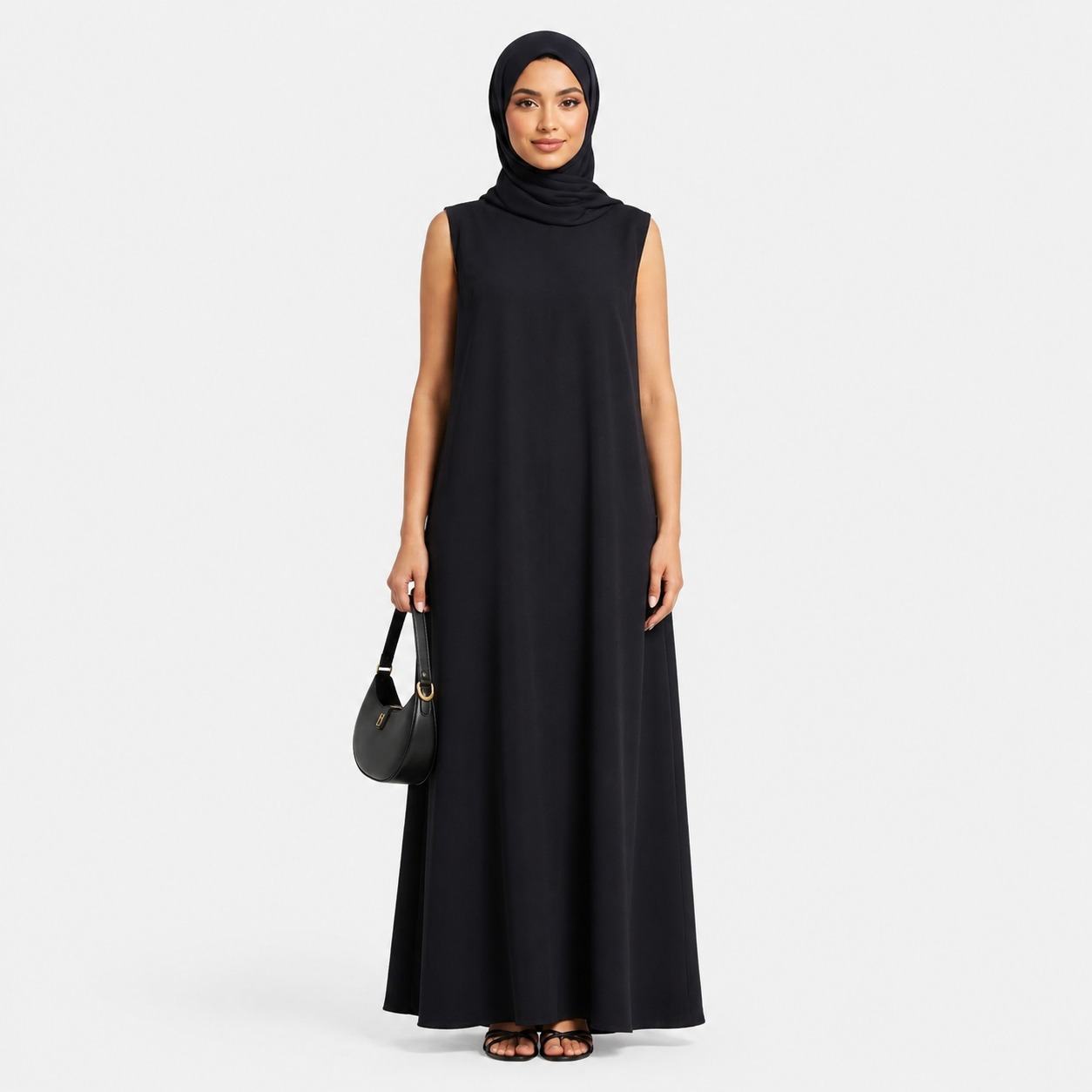 Woman wearing a black sleeveless dress on a white background