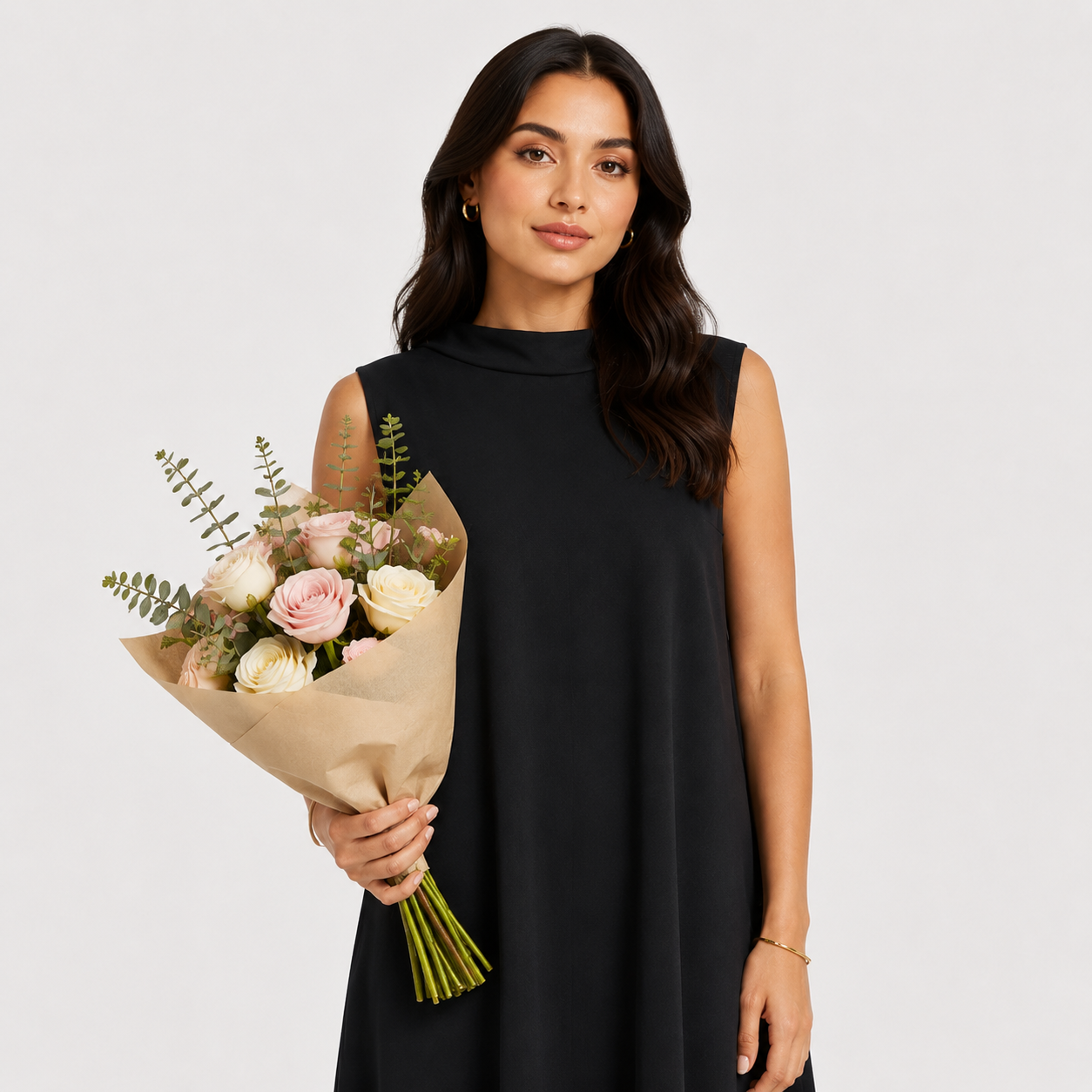 Woman holding a bouquet of flowers against a plain background