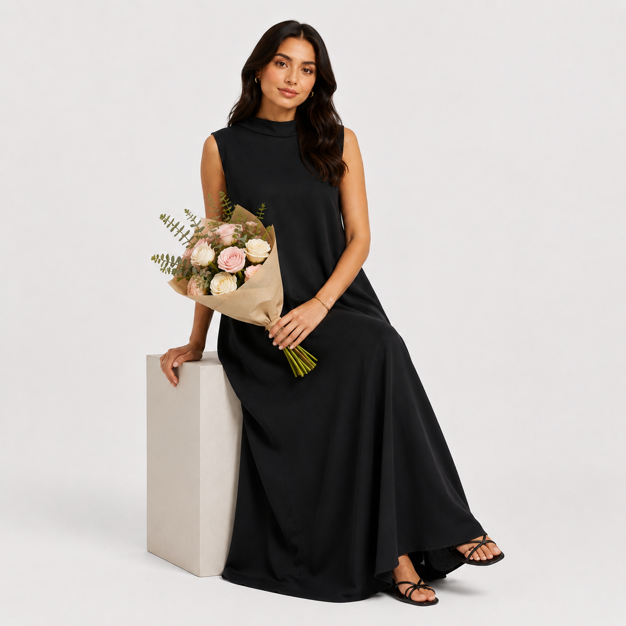 Woman holding a bouquet of flowers against a plain background