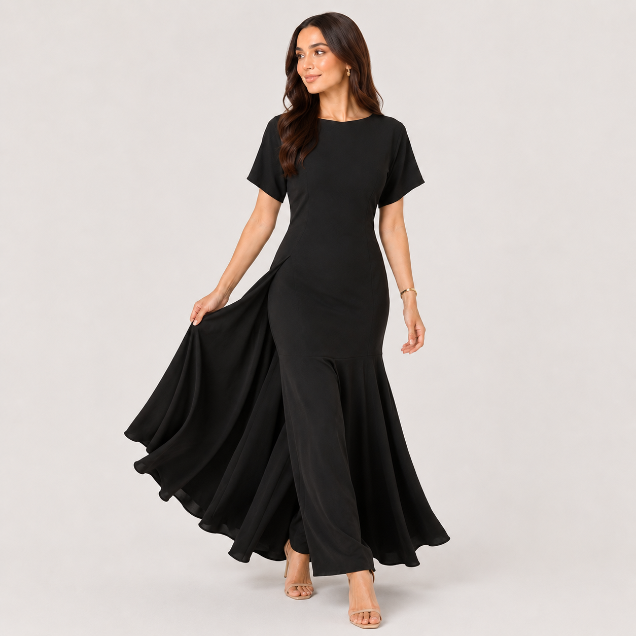 Woman wearing a black dress on a plain background