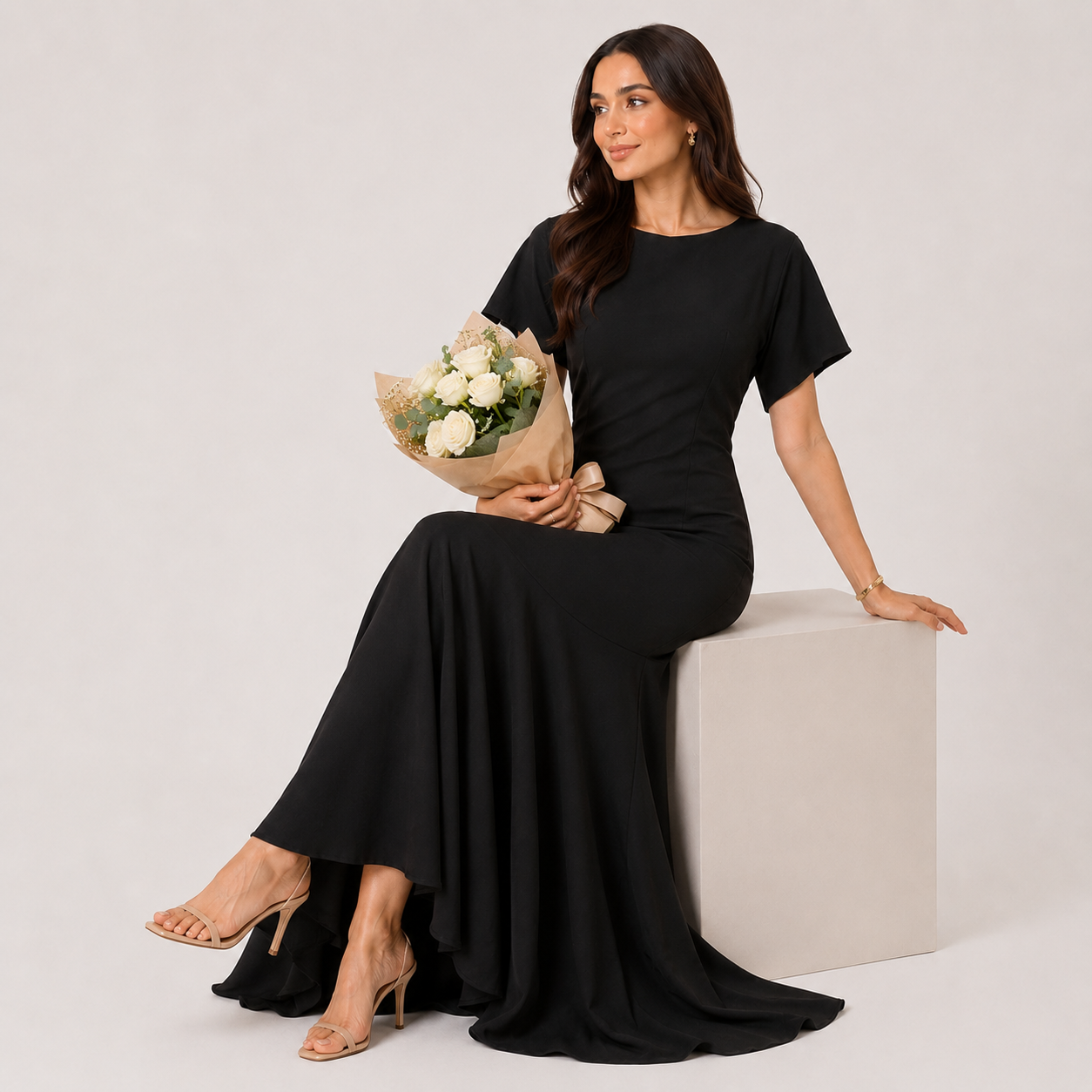 Woman in a black dress holding flowers on a white background