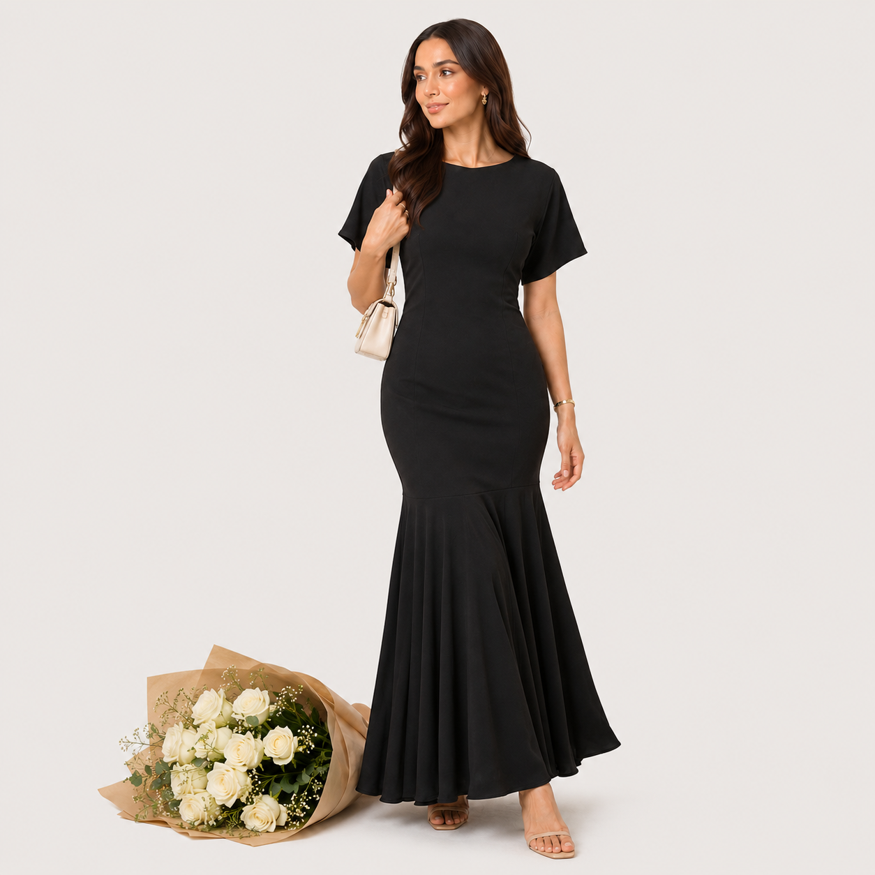 Woman in a black dress holding a bouquet of flowers on a white background