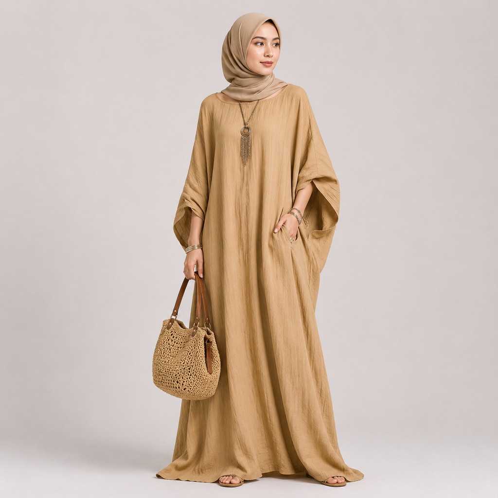 Woman wearing a beige abaya and holding a woven bag on a plain background