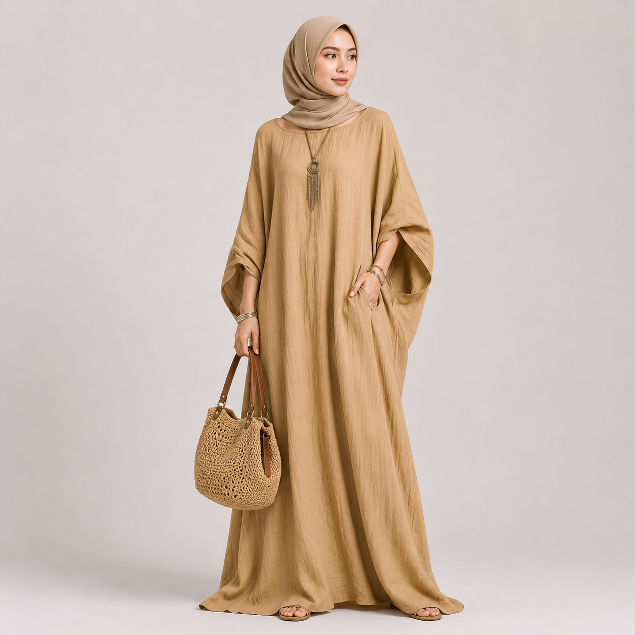 Woman wearing a beige abaya and holding a woven bag on a plain background