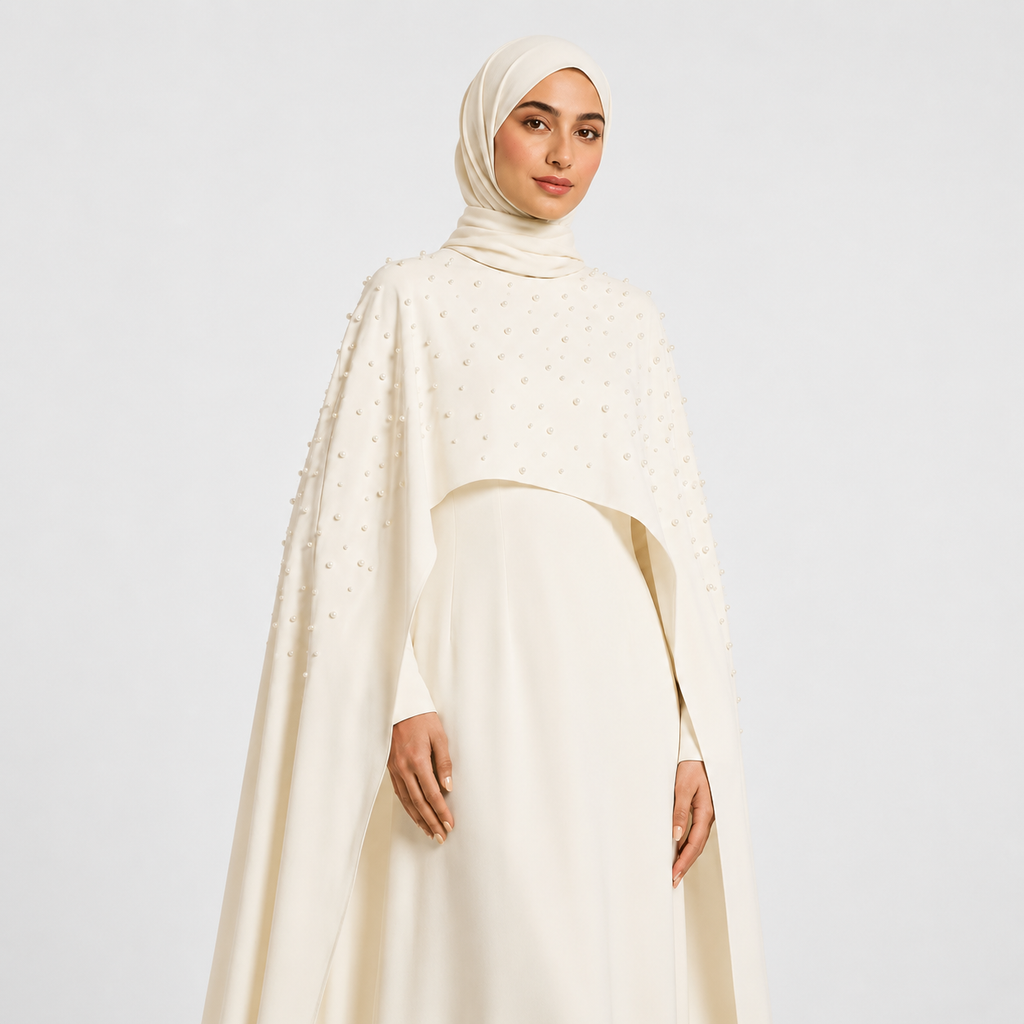Woman wearing a cream-colored hijab and dress on a light gray background