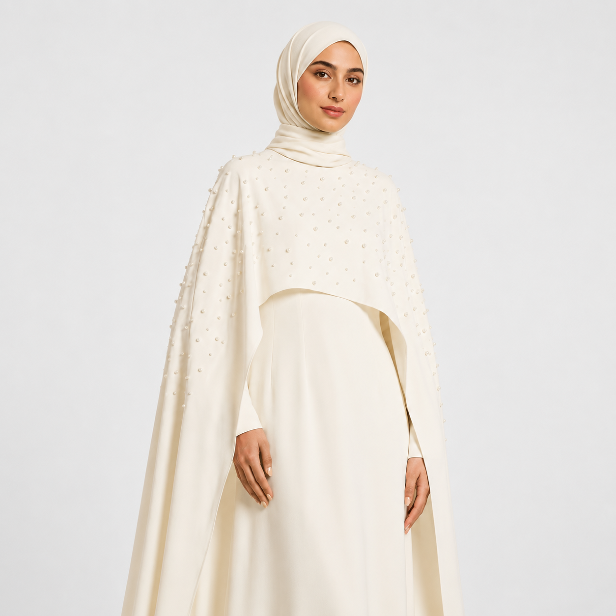 Woman wearing a cream-colored hijab and dress on a light gray background