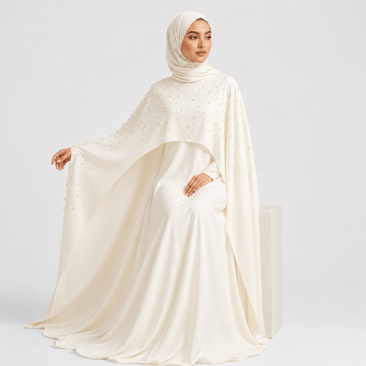 Woman wearing a white abaya with a matching hijab on a light gray background