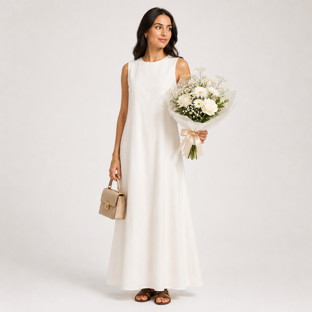 Woman wearing a white sleeveless dress on a white background